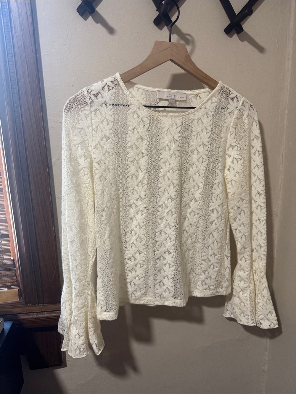 LOFT Cream Lace Panel Long-Sleeve Blouse